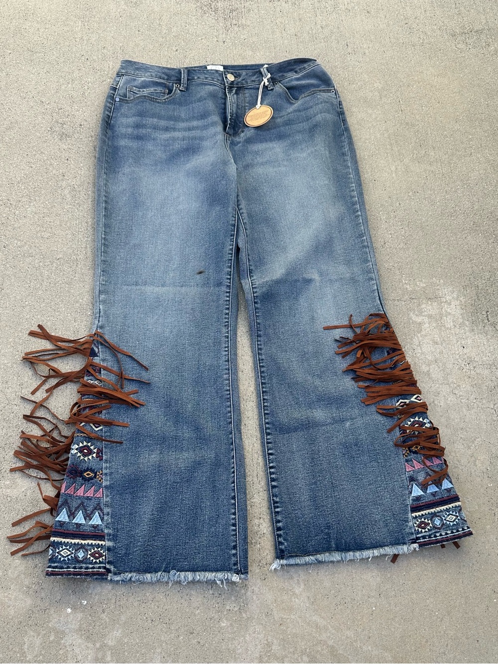 Driftwood CIARA Western Cowboy Aztec Embroidered Fringe Boho Flare Jeans NWT~12